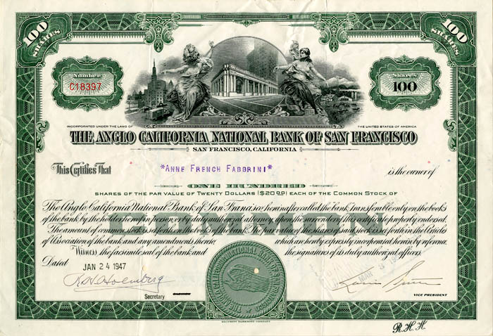 Anglo California National Bank of San Francisco - Stock Certificate